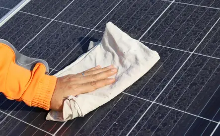 personne nettoyant ses panneaux solaires avec un chiffon
