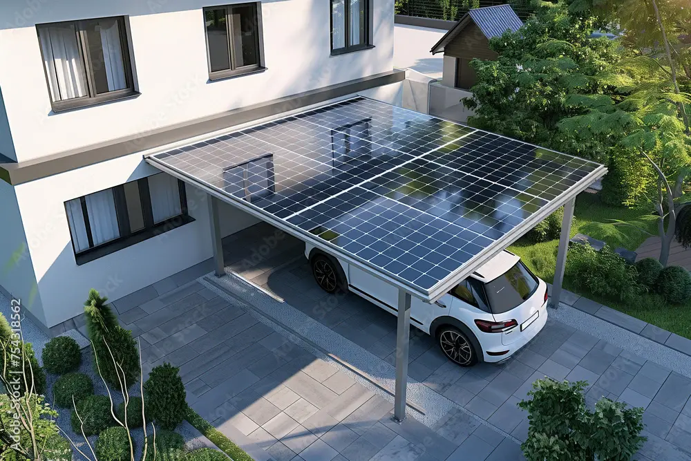 carport solaire avec une voiture électrique garée dessous