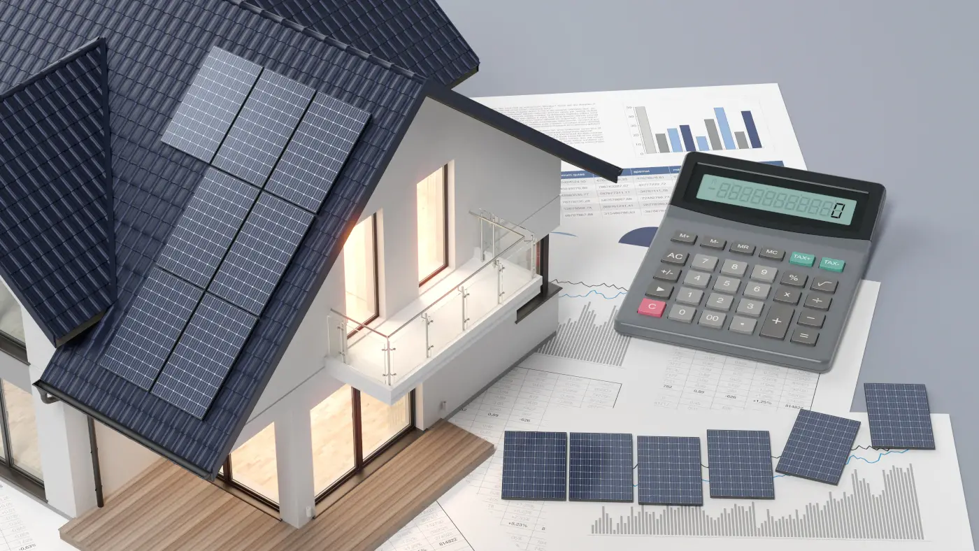 dessin d'une maison avec des panneaux solaires et une calculatrice