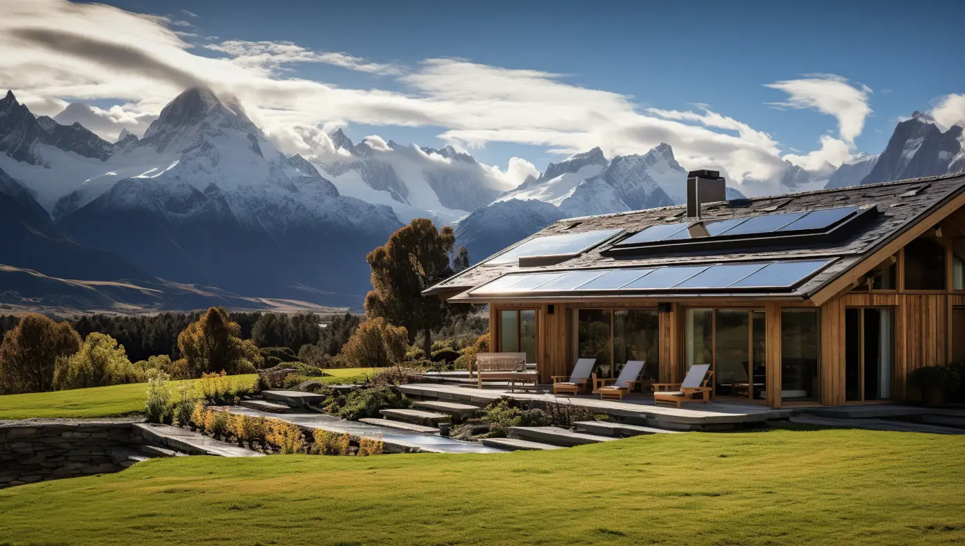 chalet dans les montagnes équipé de panneaux solaires