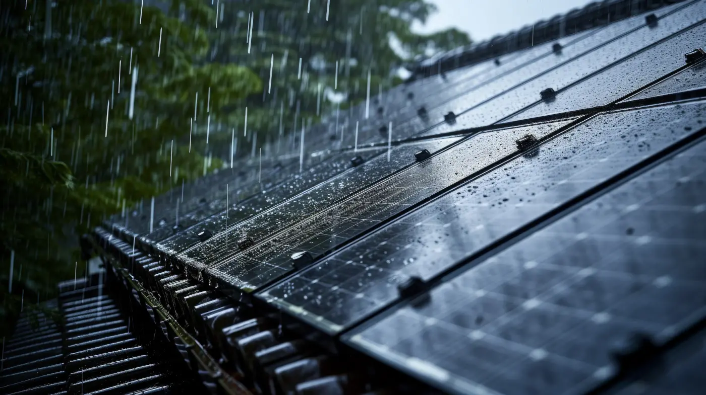 pluie sur une toiture couverte de panneaux solaires