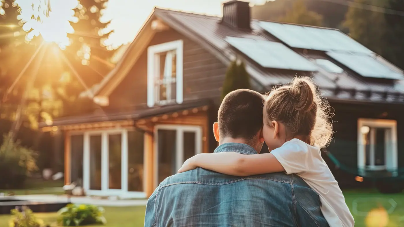 un papa qui porte sa petit fille dans ses bras en lui montrant leur maison équipée de panneaux solaires