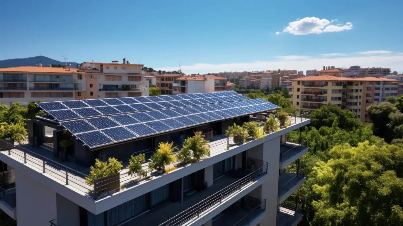 vue aérienne de toit terrasse avec installation photovoltaïque composée de rangée de panneaux solaires