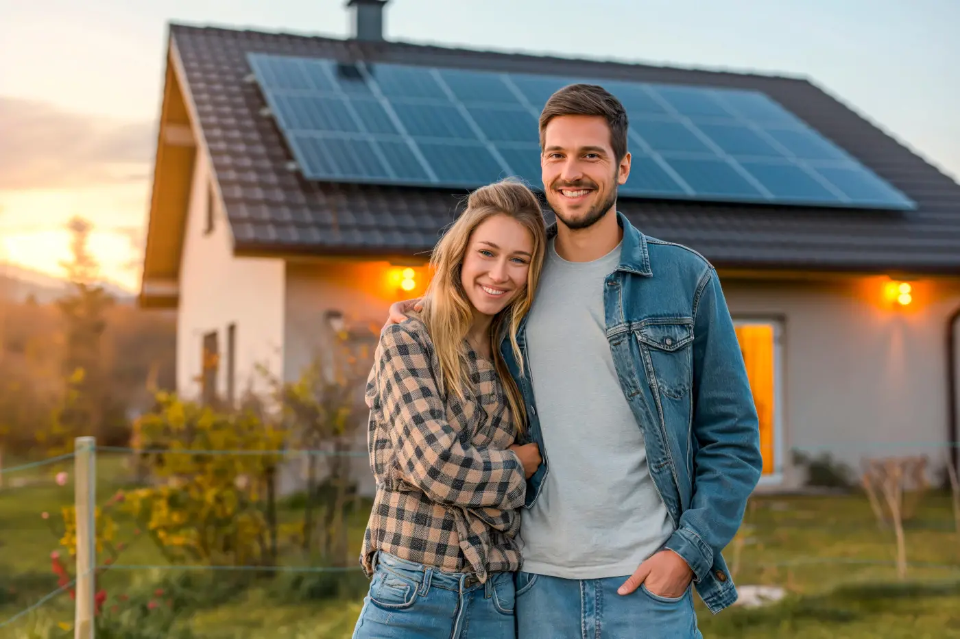 2 personnes et une maison avec des panneaux photovoltaiques sur la toiture