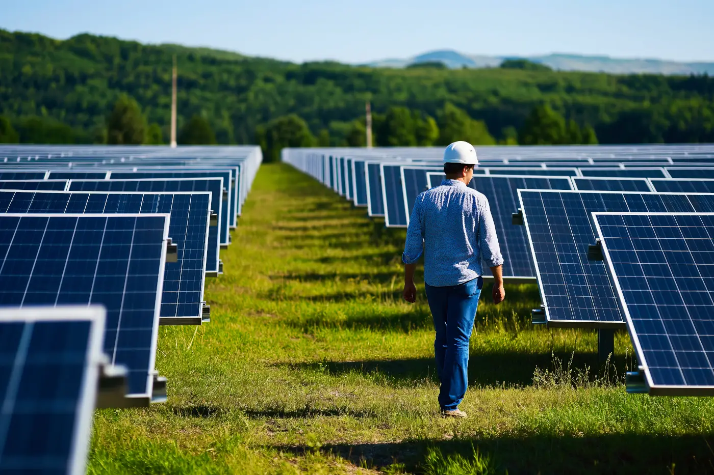 un ingénieur qui marche entre les panneaux photovoltaïques dans un champ de panneaux solaires