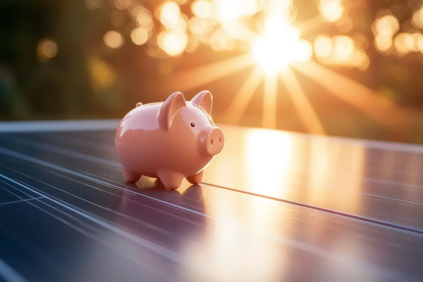 cochon tirelire sur un panneau solaire au coucher de soleil