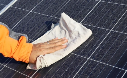 personne nettoyant ses panneaux solaires avec un chiffon