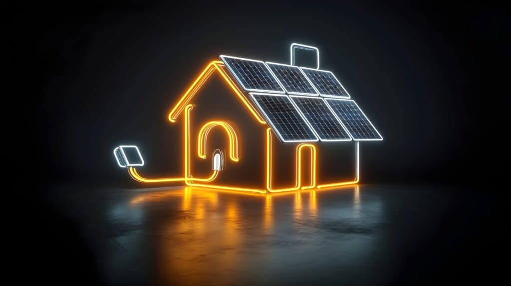 Image d'une maison en néon avec des panneaux photovoltaïques